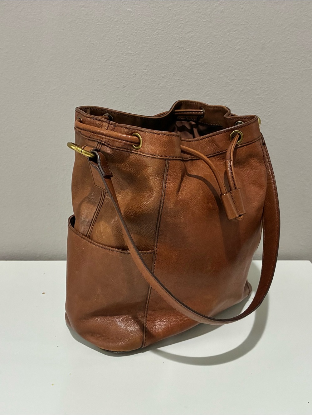 Fossil Women's Brown Leather Drawstring Bucket Bag - Picture 2 of 9